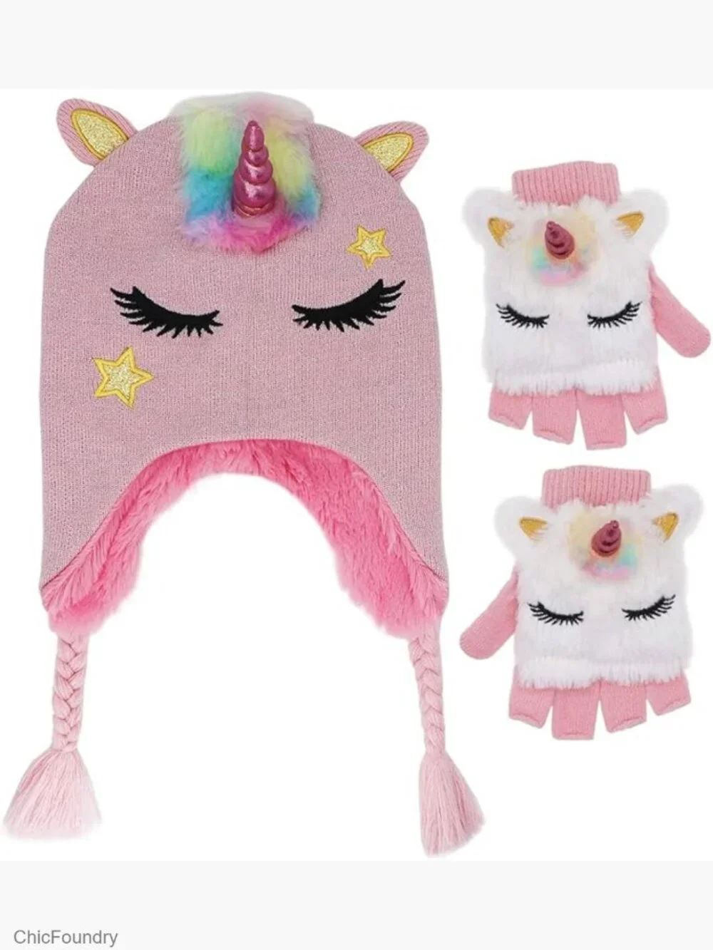 Girls Glitter Unicorn Beanie Hat and Glove Set Knitted Fleece Lined Winter Set